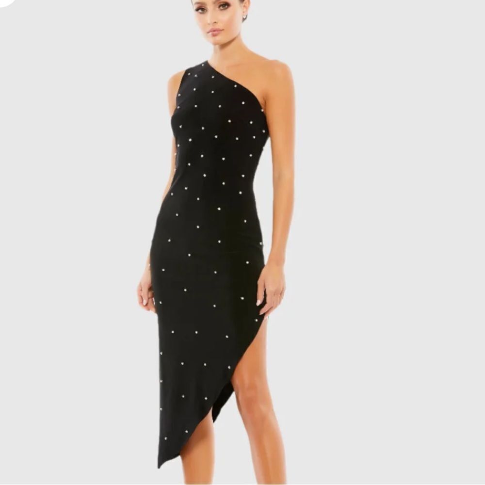 IEENA MAC DUGGAL
Black Rhinestone dress One Shoulder Asymmetrical Midi 12